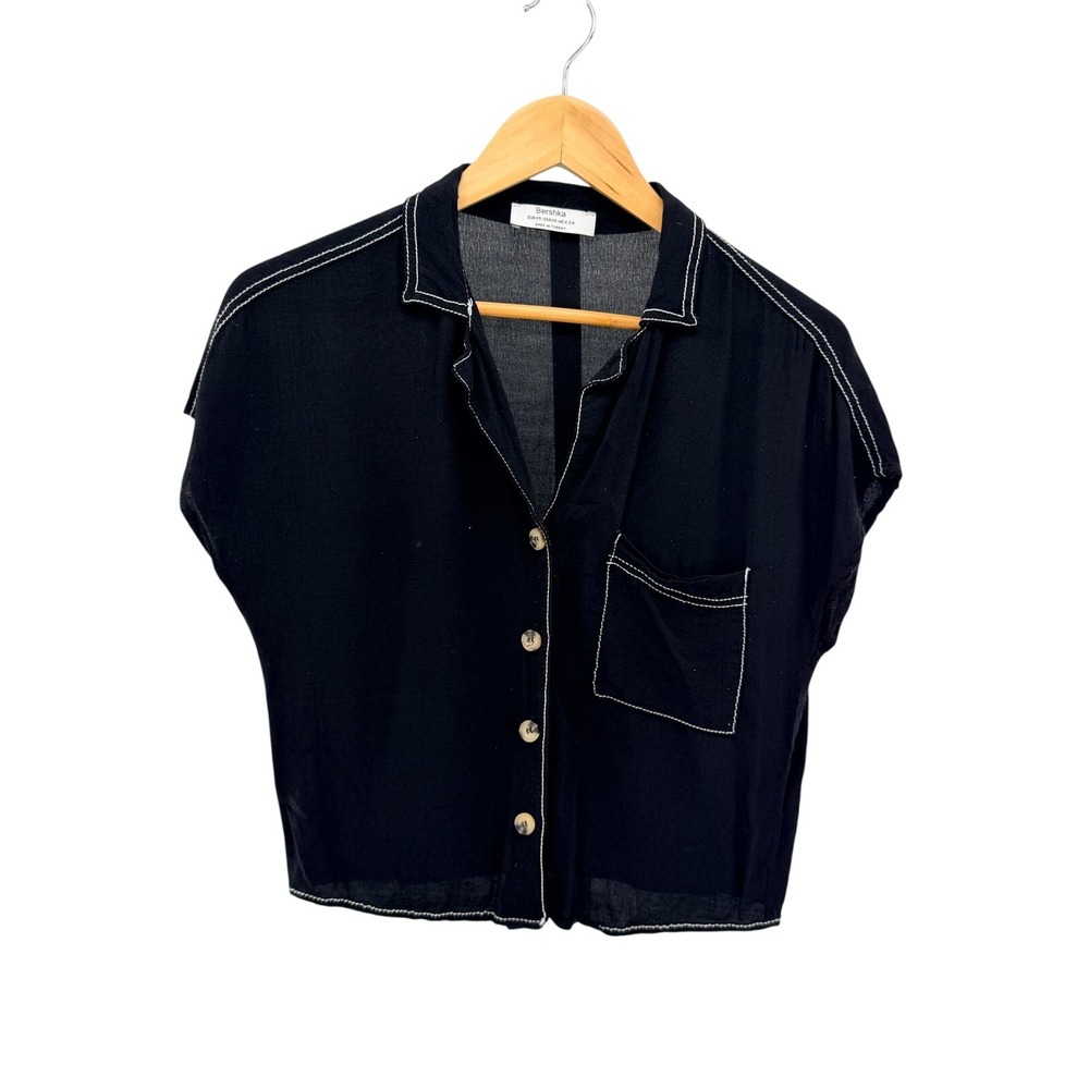 Bershka Womens Black Contrast Stitch Button Up Shirt Short Sleeve Boxy XS